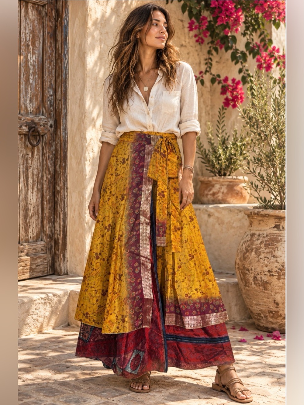 Mustard Floral Layered Wrap Maxi Skirt